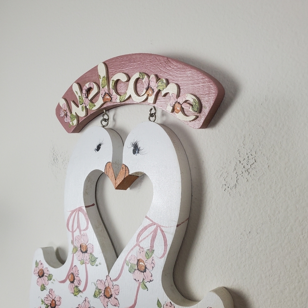 Floral Swan Wooden Wall Sign Pink Hues Hand Painted - Picture 6 of 11